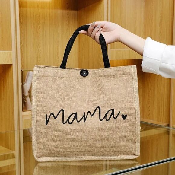 Chic Linen “Mama” Tote Bag | Large Capacity Double Handle Travel Beach Bag - Picture 5 of 5